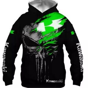 Kawasaki hoodie size large men new Green White Skull other sizes
